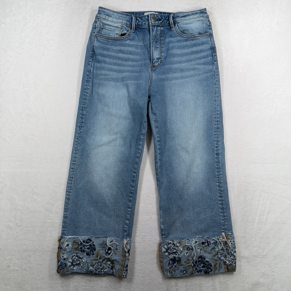 Driftwood 29 Jeans Charlee Embroidered Floral Cuff Cropped Wide Jeans Festival - Picture 2 of 16